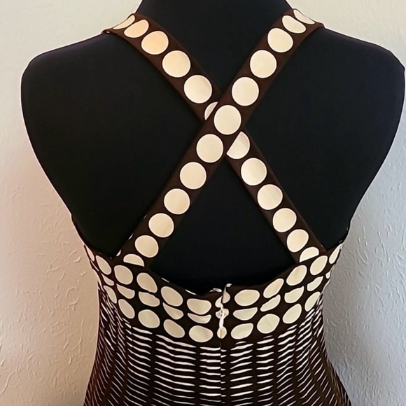 Calvin Klein Halter Dress w/Pleated Flare, Brown/Cream Polka-dots/Lines, Size 12 - Picture 5 of 9